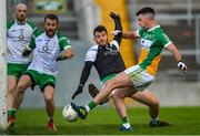 8 June 2019; Ruairí McNamee of Offaly scores his side's first goal past Noel Maher of London during the GAA Football All-Ireland Senior Championship Round 1 match between Offaly and London at Bord na Móna O'Connor Park in Tullamore, Offaly. Photo by Harry Murphy/Sportsfile