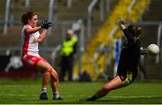 8 June 2019; Donegal goalkeeper Aoife McColgan saves a shot by Niamh O’Neill of Tyrone during the TG4 Ulster Senior Championship Preliminary Round match between Donegal and Tyrone at Kingspan Breffni Park in Cavan. Photo by Ramsey Cardy/Sportsfile