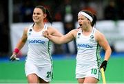 8 June 2019; Shirley McCay, right, and Lizzie Colvin of Ireland celebrate after team Beth Barr scored their side's irst goal during the FIH World Hockey Series Group A match between Ireland and Malaysia at Banbridge Hockey Club, Banbridge, Co. Down. Photo by Eóin Noonan/Sportsfile