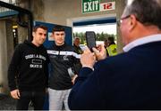 8 June 2019; Republic of Ireland captain Seamus Coleman has his photograph taken with a supporter ahead of the Ulster GAA Football Senior Championship semi-final match between Donegal and Tyrone at Kingspan Breffni Park in Cavan. Photo by Ramsey Cardy/Sportsfile