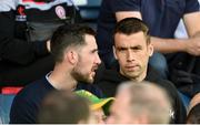 8 June 2019; Republic of Ireland soccer captain Séamus Coleman with former Donegal footballer Mark McHugh ahead of the Ulster GAA Football Senior Championship semi-final match between Donegal and Tyrone at Kingspan Breffni Park in Cavan. Photo by Daire Brennan/Sportsfile