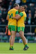 8 June 2019; Michael Murphy, left, and Frank McGlynn of Donegal celebrate after the Ulster GAA Football Senior Championship semi-final match between Donegal and Tyrone at Kingspan Breffni Park in Cavan. Photo by Daire Brennan/Sportsfile