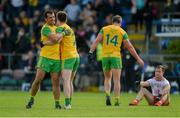 8 June 2019; Eoghan Bán Gallagher, left, and Frank McGlynn of Donegal celebrate after the Ulster GAA Football Senior Championship semi-final match between Donegal and Tyrone at Kingspan Breffni Park in Cavan. Photo by Daire Brennan/Sportsfile