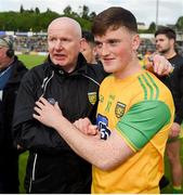 8 June 2019; Donegal manager Declan Bonner celebrates with Niall O'Donnell of Donegal after the Ulster GAA Football Senior Championship semi-final match between Donegal and Tyrone at Kingspan Breffni Park in Cavan. Photo by Daire Brennan/Sportsfile