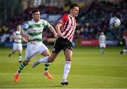 8 June 2019; Josh Kerr of Derry City in action against Aaron Greene of Shamrock Rovers during the SSE Airtricity League Premier Division match between Shamrock Rovers and Derry City at Tallaght Stadium in Dublin. Photo by Stephen McCarthy/Sportsfile