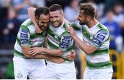 8 June 2019; Jack Byrne, centre, of Shamrock Rovers celebrates after scoring his side's second goal with team-mates Joey O'Brien, left, and Greg Bolger during the SSE Airtricity League Premier Division match between Shamrock Rovers and Derry City at Tallaght Stadium in Dublin. Photo by Stephen McCarthy/Sportsfile