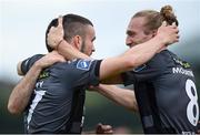 8 June 2019; Michael Duffy of Dundalk, left, celebrates  with John Mountney after scoring his sides first goal during the SSE Airtricity League Premier Division match between Finn Harps and Dundalk at Finn Park in Ballybofey, Donegal. Photo by Oliver McVeigh/Sportsfile