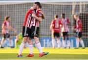 8 June 2019; Eoin Toal, left, and Jamie McDonagh of Derry City celebrate after team-mate Junior Ogedi-Uzokwe scores their side's second goal during the SSE Airtricity League Premier Division match between Shamrock Rovers and Derry City at Tallaght Stadium in Dublin. Photo by Stephen McCarthy/Sportsfile