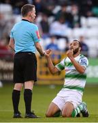 8 June 2019; Ethan Boyle of Shamrock Rovers appeals to referee Derek Tomney for a penalty during the SSE Airtricity League Premier Division match between Shamrock Rovers and Derry City at Tallaght Stadium in Dublin. Photo by Stephen McCarthy/Sportsfile