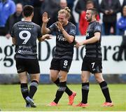 8 June 2019; John Mountney of Dundalk, centre, celebrates with Patrick Hoban and Michael Duffy after scoring his sides second goal during the SSE Airtricity League Premier Division match between Finn Harps and Dundalk at Finn Park in Ballybofey, Donegal. Photo by Oliver McVeigh/Sportsfile