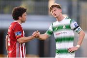 8 June 2019; Ronan Finn of Shamrock Rovers and Barry McNamee of Derry City following the SSE Airtricity League Premier Division match between Shamrock Rovers and Derry City at Tallaght Stadium in Dublin. Photo by Stephen McCarthy/Sportsfile