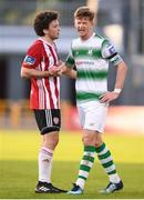 8 June 2019; Ronan Finn of Shamrock Rovers and Barry McNamee of Derry City following the SSE Airtricity League Premier Division match between Shamrock Rovers and Derry City at Tallaght Stadium in Dublin. Photo by Stephen McCarthy/Sportsfile