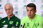 9 June 2019; Republic of Ireland captain Seamus Coleman and manager Mick McCarthy during a press conference at the FAI National Training Centre in Abbotstown, Dublin. Photo by Stephen McCarthy/Sportsfile