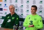 9 June 2019; Republic of Ireland captain Seamus Coleman and manager Mick McCarthy during a press conference at the FAI National Training Centre in Abbotstown, Dublin. Photo by Stephen McCarthy/Sportsfile