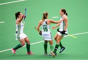 8 June 2019; Kathryn Mullan, right, of Ireland celebrates with team-mates Lizzie Colvin, left, and Gillian Pinder after scoring her side's first goal of the game during the FIH World Hockey Series Group A match between Ireland and Malaysia at Banbridge Hockey Club, Banbridge, Co. Down. Photo by Eóin Noonan/Sportsfile