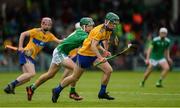 9 June 2019; Conner Hegarty of Clare in action against Patrick Kirby of Limerick during the Electric Ireland Munster Minor Hurling Championship match between Limerick and Clare at the LIT Gaelic Grounds in Limerick. Photo by Diarmuid Greene/Sportsfile