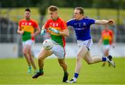 9 June 2019; Darragh O'Brien of Carlow is tackled by Patrick Fox of Longford during the GAA Football All-Ireland Senior Championship Round 1 match between Carlow and Longford at Netwatch Cullen Park in Carlow. Photo by Ramsey Cardy/Sportsfile