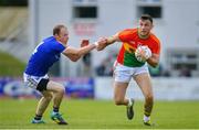 9 June 2019; Darragh Foley of Carlow in action against Barry O'Farrell of Longford during the GAA Football All-Ireland Senior Championship Round 1 match between Carlow and Longford at Netwatch Cullen Park in Carlow. Photo by Ramsey Cardy/Sportsfile