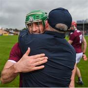 9 June 2019; Galway manager Mícheál Donoghue celebrates with captain David Burke after the Leinster GAA Hurling Senior Championship Round 4 match between Kilkenny and Galway at Nowlan Park in Kilkenny. Photo by Daire Brennan/Sportsfile