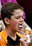 9 June 2019; Kilkenny supporter James Mangan, age 11, enjoys an ice cream cone during the Leinster GAA Hurling Senior Championship Round 4 match between Kilkenny and Galway at Nowlan Park in Kilkenny. Photo by Ray McManus/Sportsfile