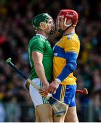 9 June 2019; Seán Finn of Limerick and John Conlon of Clare during the Munster GAA Hurling Senior Championship Round 4 match between Limerick and Clare at the LIT Gaelic Grounds in Limerick. Photo by Diarmuid Greene/Sportsfile