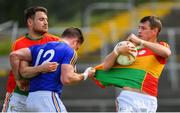 9 June 2019; Sean Gannon, right, and Ciaran Moran of Carlow in action against Michael Quinn of Longford during the GAA Football All-Ireland Senior Championship Round 1 match between Carlow and Longford at Netwatch Cullen Park in Carlow. Photo by Ramsey Cardy/Sportsfile