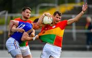 9 June 2019; Sean Gannon, right, and Ciaran Moran of Carlow in action against Michael Quinn of Longford during the GAA Football All-Ireland Senior Championship Round 1 match between Carlow and Longford at Netwatch Cullen Park in Carlow. Photo by Ramsey Cardy/Sportsfile