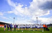 9 June 2019; The Monaghan team stand for the national anthem prior to the TG4 Ulster Ladies Senior Football Championship Semi-Final match between Armagh and Monaghan at Pairc Esler in Newry, Down. Photo by David Fitzgerald/Sportsfile