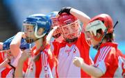 10 June 2019; Katie Byrne of Divine Word NS, Marley Grange, puts back on her helmet for the second half of the Corn Haughey Shield Final against Scoil Naithi, Baile an tSaoir, during the Allianz Cumann na mBunscol Finals 2019 at Croke Park in Dublin. Photo by Piaras Ó Mídheach/Sportsfile