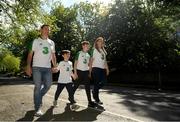 10 June 2019; Mike Brosnahan, and his family Kian, age 7, Micheal, age 12, and Norma, from Abbeyfeale, Limerick, make their way to the UEFA EURO2020 Qualifier Group D match between Republic of Ireland and Gibraltar at Aviva Stadium, Lansdowne Road in Dublin. Photo by Harry Murphy/Sportsfile