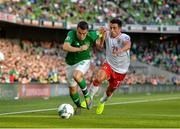 10 June 2019; Seamus Coleman of Republic of Ireland in action against Alain Pons of Gibraltar during the UEFA EURO2020 Qualifier Group D match between Republic of Ireland and Gibraltar at the Aviva Stadium, Lansdowne Road in Dublin. Photo by Seb Daly/Sportsfile