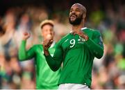 10 June 2019; David McGoldrick of Republic of Ireland celebrates after his shot was deflected in by Joseph Chipolina of Gibraltar to score his side's first goal during the UEFA EURO2020 Qualifier Group D match between Republic of Ireland and Gibraltar at the Aviva Stadium, Lansdowne Road in Dublin. Photo by Stephen McCarthy/Sportsfile