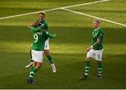 10 June 2019; David McGoldrick of Republic of Ireland, left, celebrates with team-mates Callum Robinson and James McClean after his shot was deflected into the goal by Joseph Chipolina of Gibraltar during the UEFA EURO2020 Qualifier Group D match between Republic of Ireland and Gibraltar at Aviva Stadium, Lansdowne Road in Dublin. Photo by Eóin Noonan/Sportsfile