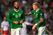 10 June 2019; David McGoldrick, left, of Republic of Ireland celebrates with team-mate James McClean after his shot was deflected in by Joseph Chipolina of Gibraltar to score his side's first goal during the UEFA EURO2020 Qualifier Group D match between Republic of Ireland and Gibraltar at the Aviva Stadium, Lansdowne Road in Dublin. Photo by Stephen McCarthy/Sportsfile
