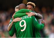 10 June 2019; David McGoldrick of Republic of Ireland celebrates with team-mates Callum Robinson, right, and James McClean after his shot was deflected in by Joseph Chipolina of Gibraltar to score his side's first goal during the UEFA EURO2020 Qualifier Group D match between Republic of Ireland and Gibraltar at the Aviva Stadium, Lansdowne Road in Dublin. Photo by Stephen McCarthy/Sportsfile