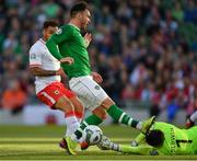 10 June 2019; Scott Hogan of Republic of Ireland in action against Kyle Goldwin of Gibraltar during the UEFA EURO2020 Qualifier Group D match between Republic of Ireland and Gibraltar at the Aviva Stadium, Lansdowne Road in Dublin. Photo by Seb Daly/Sportsfile