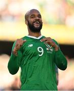 10 June 2019; David McGoldrick of Republic of Ireland celebrates after his shot was deflected in by Joseph Chipolina of Gibraltar to score his side's first goal during the UEFA EURO2020 Qualifier Group D match between Republic of Ireland and Gibraltar at the Aviva Stadium, Lansdowne Road in Dublin. Photo by Harry Murphy/Sportsfile