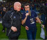 8 June 2019; Donegal manager Declan Bonner is interviewed by Gerard Tracey following the Ulster GAA Football Senior Championship semi-final match between Donegal and Tyrone at Kingspan Breffni Park in Cavan. Photo by Ramsey Cardy/Sportsfile