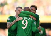 10 June 2019; David McGoldrick of Republic of Ireland celebrates with team-mates Callum Robinson, right, and James McClean after his shot was deflected in by Joseph Chipolina of Gibraltar to score his side's first goal during the UEFA EURO2020 Qualifier Group D match between Republic of Ireland and Gibraltar at the Aviva Stadium, Lansdowne Road in Dublin. Photo by Harry Murphy/Sportsfile