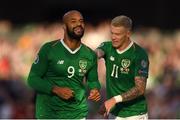 10 June 2019; David McGoldrick, left, of Republic of Ireland celebrates with team-mate James McClean after his shot was deflected in by Joseph Chipolina of Gibraltar to score his side's first goal during the UEFA EURO2020 Qualifier Group D match between Republic of Ireland and Gibraltar at the Aviva Stadium, Lansdowne Road in Dublin. Photo by Harry Murphy/Sportsfile