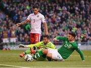 10 June 2019; Kyle Goldwin of Gibraltar in action against Scott Hogan of Republic of Ireland during the UEFA EURO2020 Qualifier Group D match between Republic of Ireland and Gibraltar at the Aviva Stadium, Lansdowne Road in Dublin. Photo by Seb Daly/Sportsfile