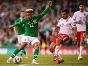 10 June 2019; Callum Robinson of Republic of Ireland has a shot on goal, despite the attention of Joseph Chipolina of Gibraltar, during the UEFA EURO2020 Qualifier Group D match between Republic of Ireland and Gibraltar at Aviva Stadium, Lansdowne Road in Dublin. Photo by Stephen McCarthy/Sportsfile