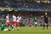 10 June 2019; Richard Keogh of Republic of Ireland, left, reacts after referee Radu Petrescu fails to award a penalty kick to his side during the UEFA EURO2020 Qualifier Group D match between Republic of Ireland and Gibraltar at the Aviva Stadium, Lansdowne Road in Dublin. Photo by Seb Daly/Sportsfile
