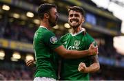 10 June 2019; Robbie Brady of Republic of Ireland celebrates after scoring his side's second goal with team-mate Enda Stevens, left, during the UEFA EURO2020 Qualifier Group D match between Republic of Ireland and Gibraltar at Aviva Stadium, Lansdowne Road in Dublin. Photo by Stephen McCarthy/Sportsfile