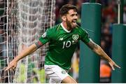 10 June 2019; Robbie Brady of Republic of Ireland celebrates after scoring his side's second goal during the UEFA EURO2020 Qualifier Group D match between Republic of Ireland and Gibraltar at Aviva Stadium, Lansdowne Road in Dublin. Photo by Stephen McCarthy/Sportsfile