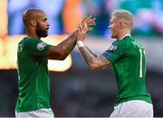 10 June 2019; James McClean of Republic of Ireland, right, is congratulated by team-mate David McGoldrick following his assist for side's second goal during the UEFA EURO2020 Qualifier Group D match between Republic of Ireland and Gibraltar at the Aviva Stadium, Lansdowne Road in Dublin. Photo by Seb Daly/Sportsfile
