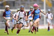 11 June 2019; Sadhbh Ní Chatháin of Gaelscoil na Camógie, Cluain Dolcáin, Dublin in action against Sadhbh Porter of Scoil Mhuire NS, Woodview, Dublin during the Allianz Cumann na mBunscol Finals 2019 Croke Park in Dublin. Photo by Eóin Noonan/Sportsfile