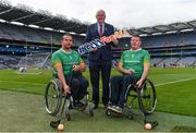 11 June 2019; Uachtarán Chumann Lúthcleas Gael John Horan, centre, with GAA International Wheelchair representative team captain Pat Carty, right, and vice-captain James McCarthy in attendance at the announcement of the first ever GAA International Wheelchair representative team at Croke Park in Dublin. Photo by Sam Barnes/Sportsfile