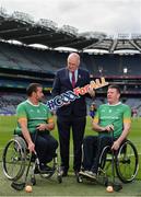 11 June 2019; Uachtarán Chumann Lúthcleas Gael John Horan, centre, with GAA International Wheelchair representative team captain Pat Carty, right, and vice-captain James McCarthy in attendance at the announcement of the first ever GAA International Wheelchair representative team at Croke Park in Dublin. Photo by Sam Barnes/Sportsfile