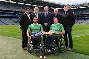 11 June 2019; In attendance at the announcement of the first ever GAA International Wheelchair representative team at Croke Park in Dublin is Uachtarán Chumann Lúthcleas Gael John Horan, centre, with from left, GAA International Wheelchair representative team manager Tony Watene, vice-captain James McCarthy, sponsor Martin Donnelly, captain James McCarthy, GAA for All Chairperson Brian Armitage, and head coach Paul Callaghan. Photo by Sam Barnes/Sportsfile